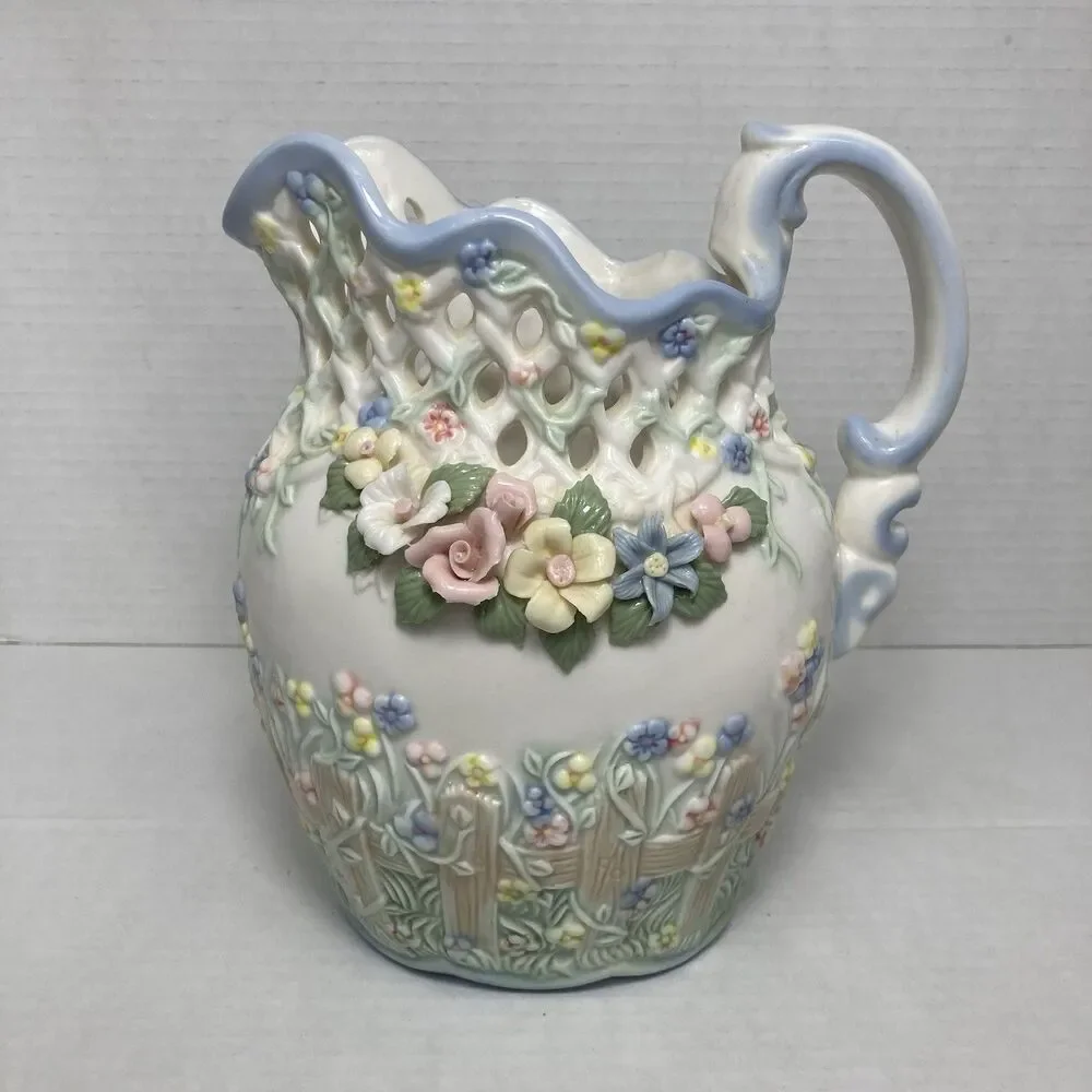 VTG Capodimonte Majolica Style Floral Porcelain Pitcher Spring Centerpiece